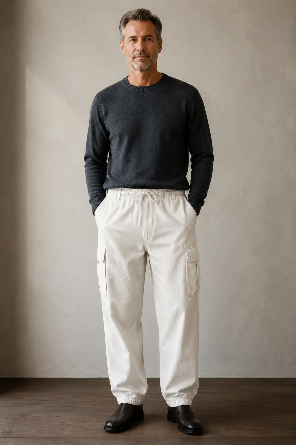 White cotton multi pocket cargo trousers front hero