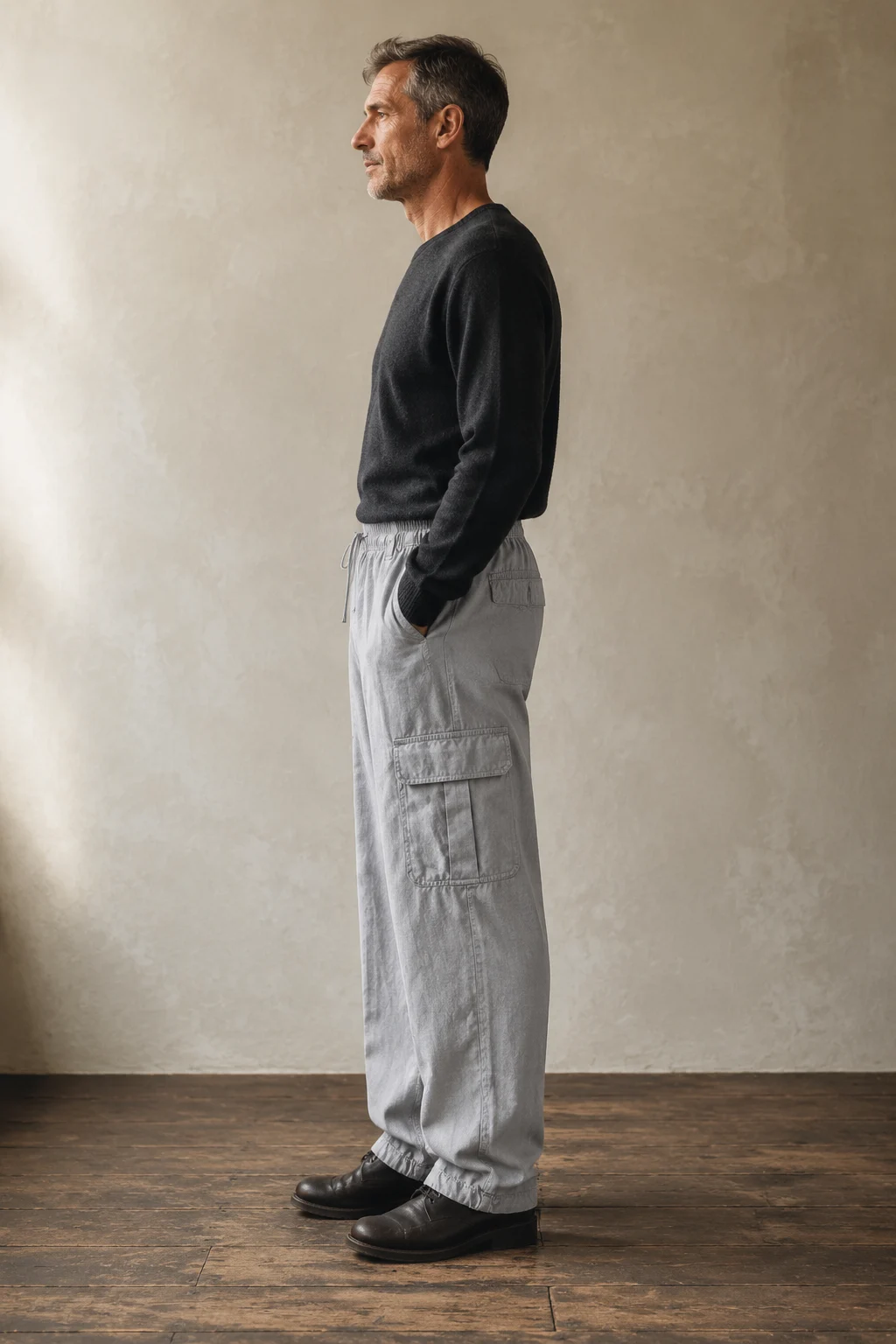 Grey cotton multi pocket cargo trousers side view