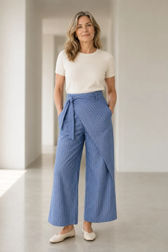 Cotton Pinstripe Wrap Front Trousers