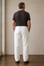 White cotton straight leg trousers back view