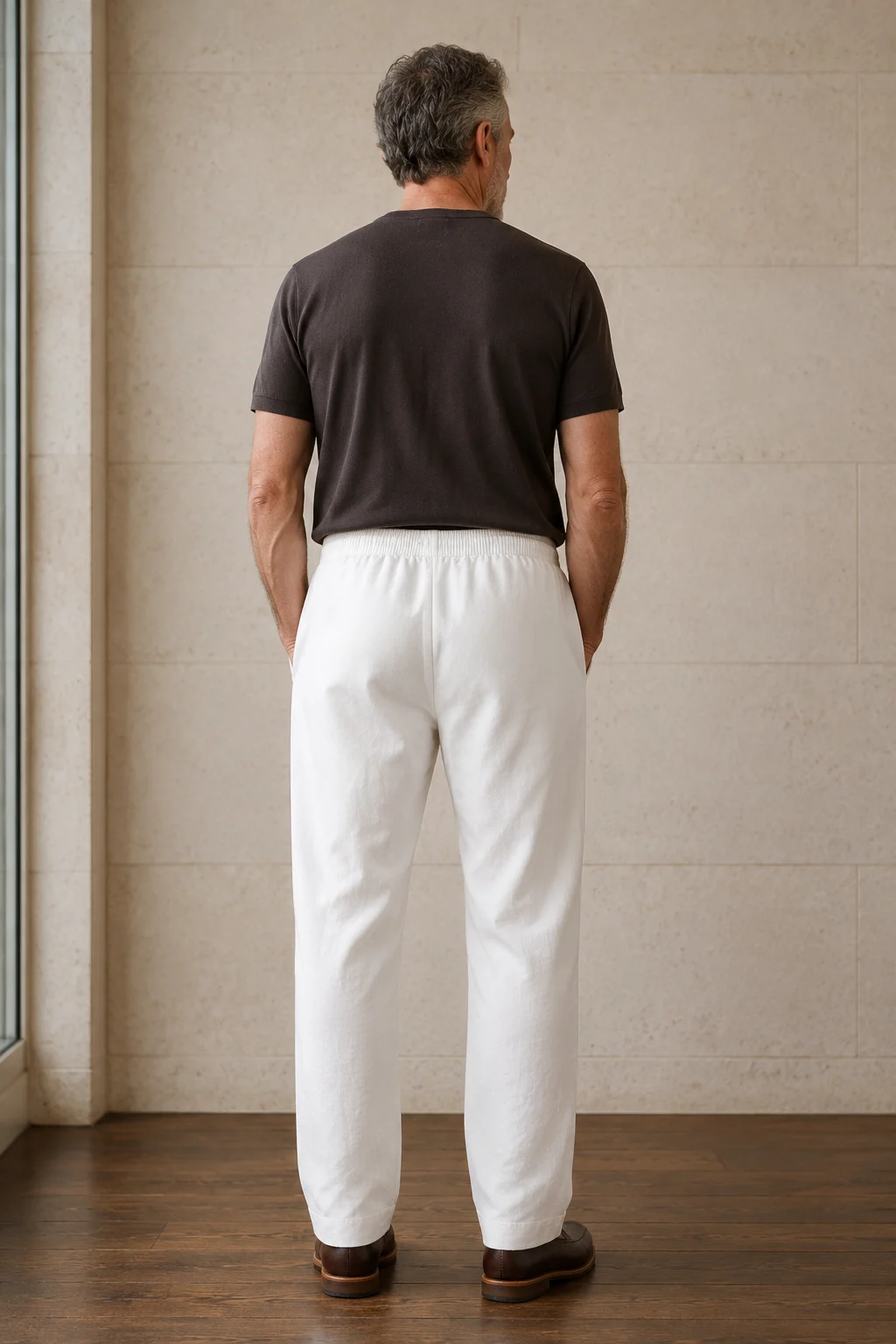 White cotton straight leg trousers back view