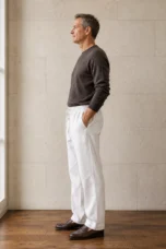 White cotton straight leg trousers side view
