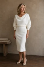 Full-length editorial image of Cowl Neck Batwing Sleeve Midi Dress
