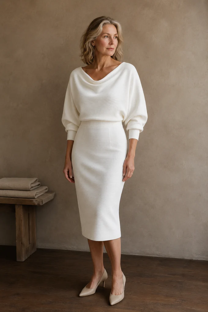 Full-length editorial image of Cowl Neck Batwing Sleeve Midi Dress