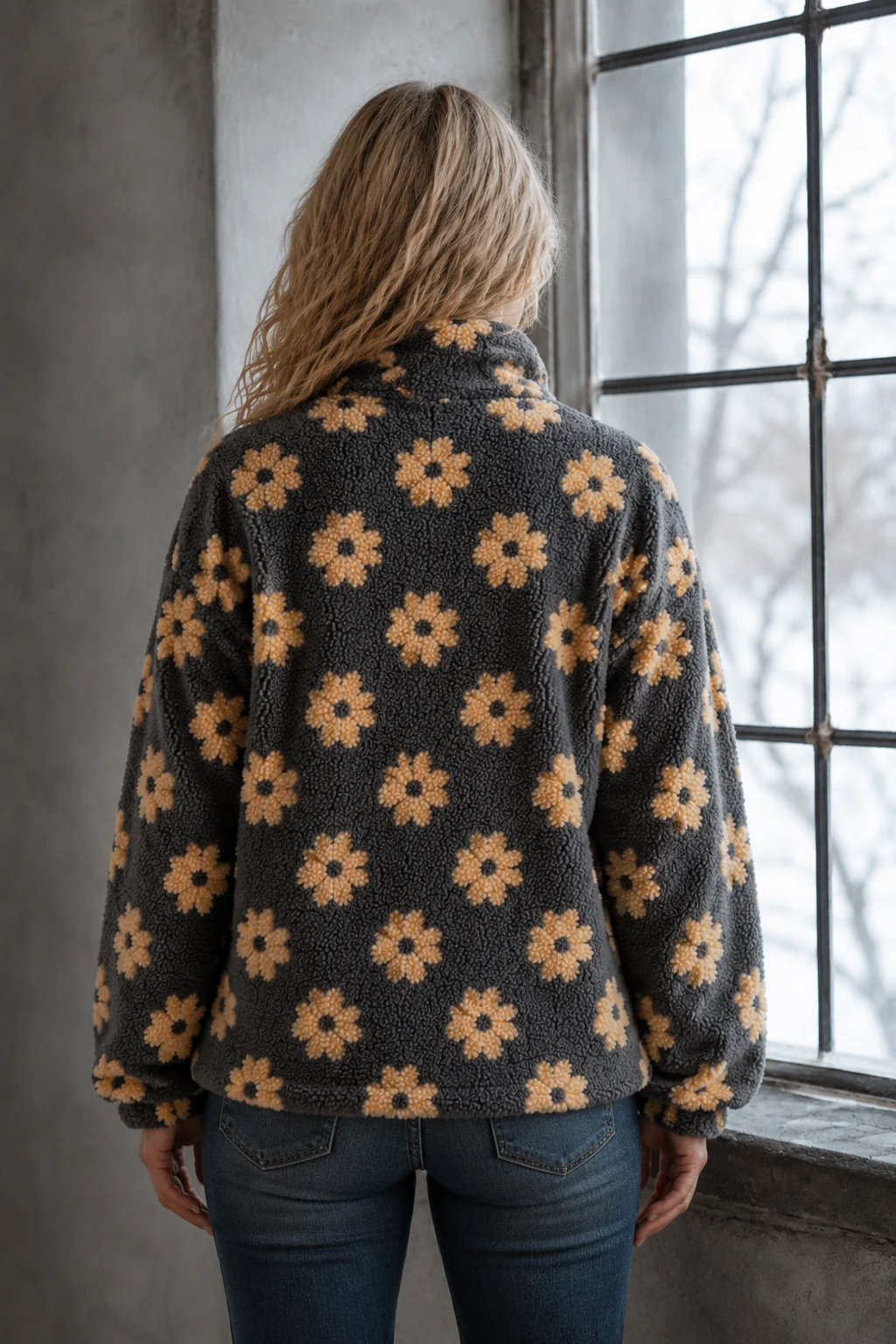 Dahlia | Floral Sherpa Fleece Half Zip - Yellow