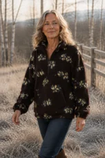 Dahlia Floral Sherpa Fleece Half Zip in brown, natural walking editorial view
