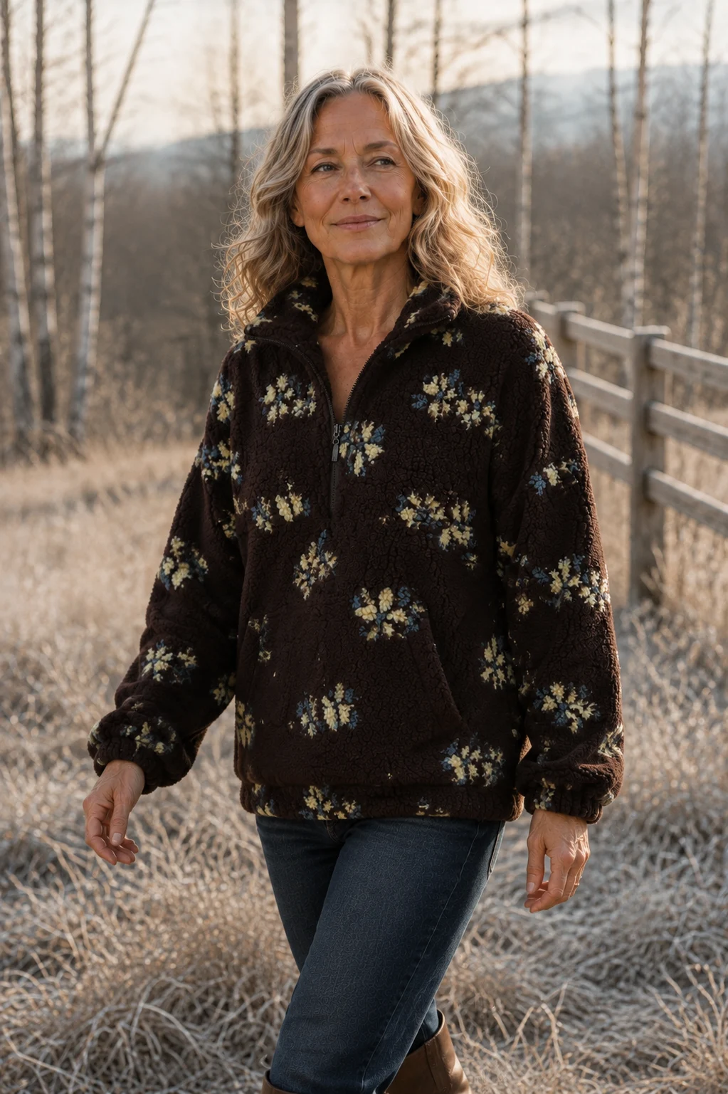 Dahlia Floral Sherpa Fleece Half Zip in brown, natural walking editorial view
