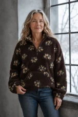 Dahlia | Floral Sherpa Fleece Half Zip - Brown