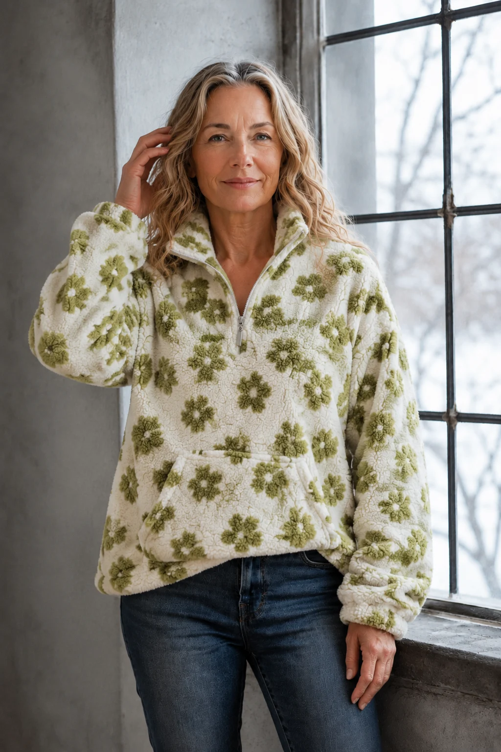 Dahlia | Floral Sherpa Fleece Half Zip - Green