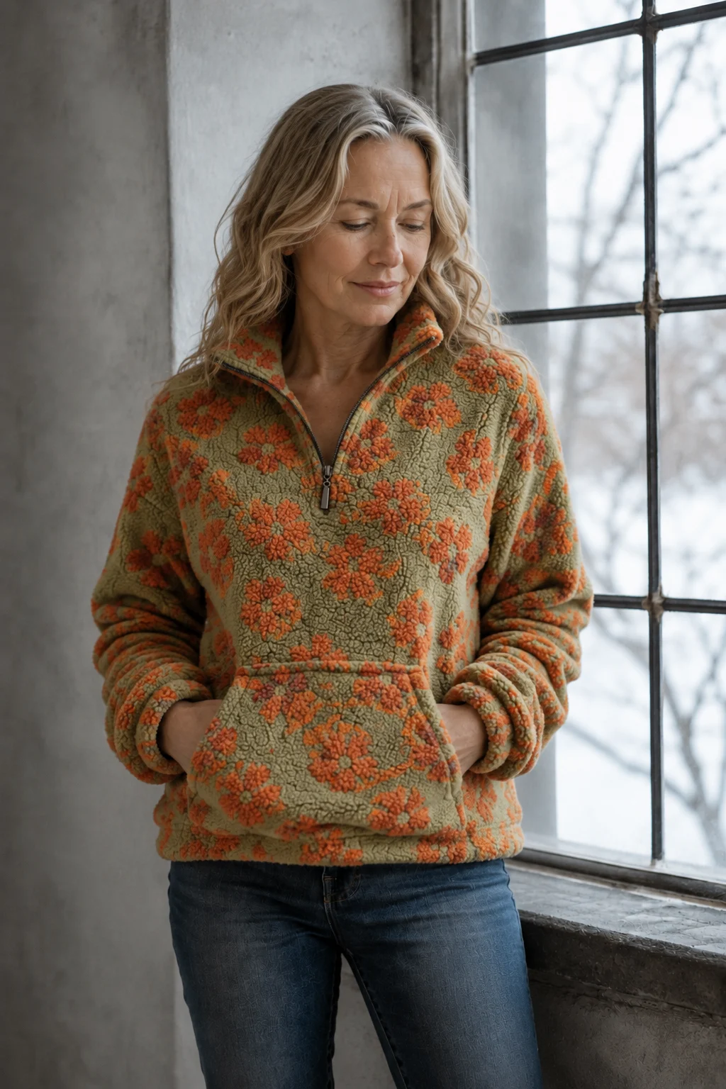 Dahlia | Floral Sherpa Fleece Half Zip - Orange