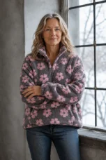 Dahlia | Floral Sherpa Fleece Half Zip - Pink