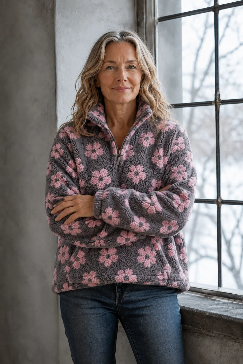 Dahlia | Floral Sherpa Fleece Half Zip - Pink