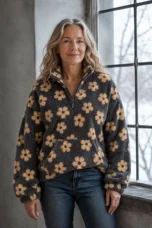 Dahlia | Floral Sherpa Fleece Half Zip - Yellow