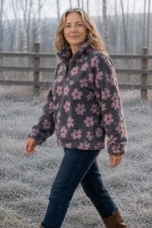 Dahlia Floral Sherpa Fleece Half Zip in pink, outdoor editorial view