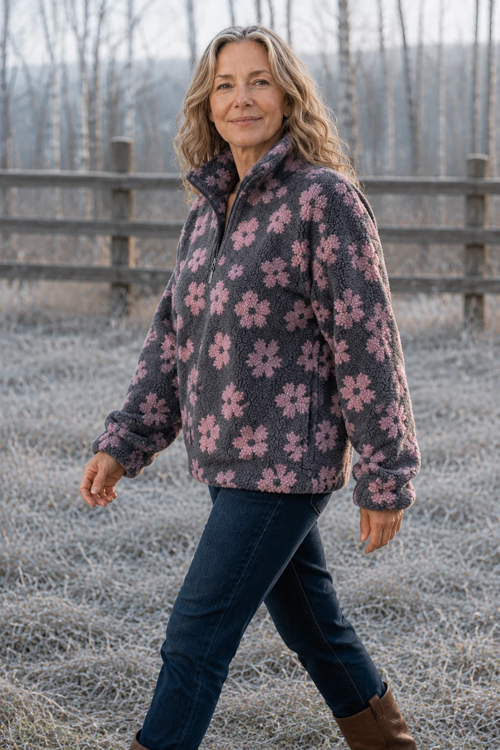Dahlia Floral Sherpa Fleece Half Zip in pink, outdoor editorial view