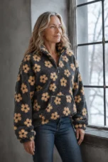 Dahlia | Floral Sherpa Fleece Half Zip - Yellow