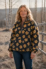 Dahlia Floral Sherpa Fleece Half Zip in yellow, outdoor editorial view