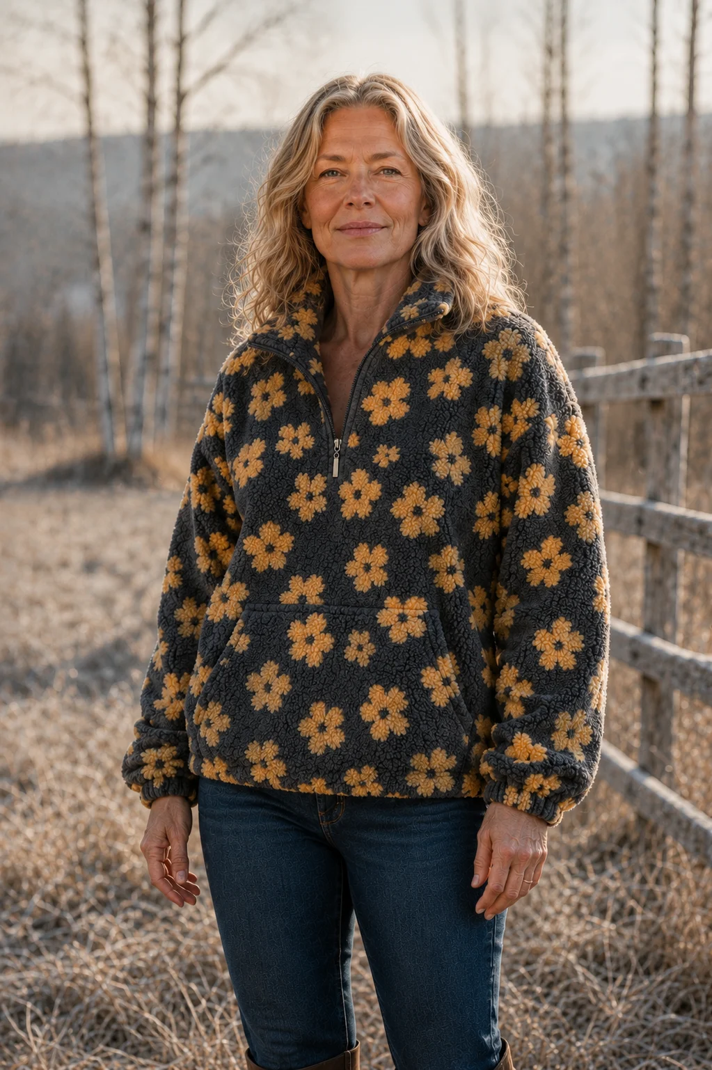 Dahlia Floral Sherpa Fleece Half Zip in yellow, outdoor editorial view