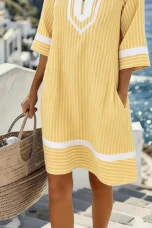 Olive | Striped Cotton Split Neck Dress