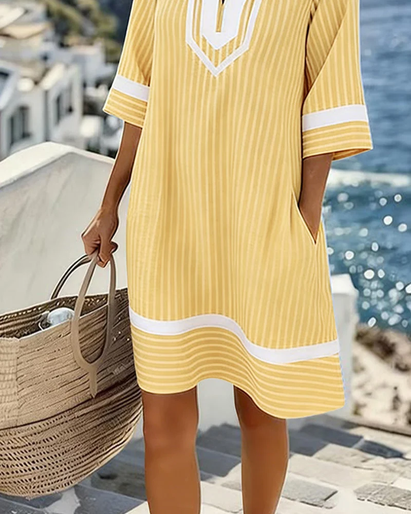 Olive | Striped Cotton Split Neck Dress
