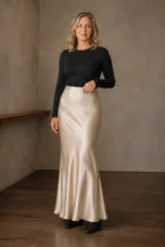 Deborah | Fishtail Hem Satin Maxi Skirt - Beige