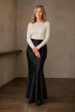 Deborah | Fishtail Hem Satin Maxi Skirt - Black