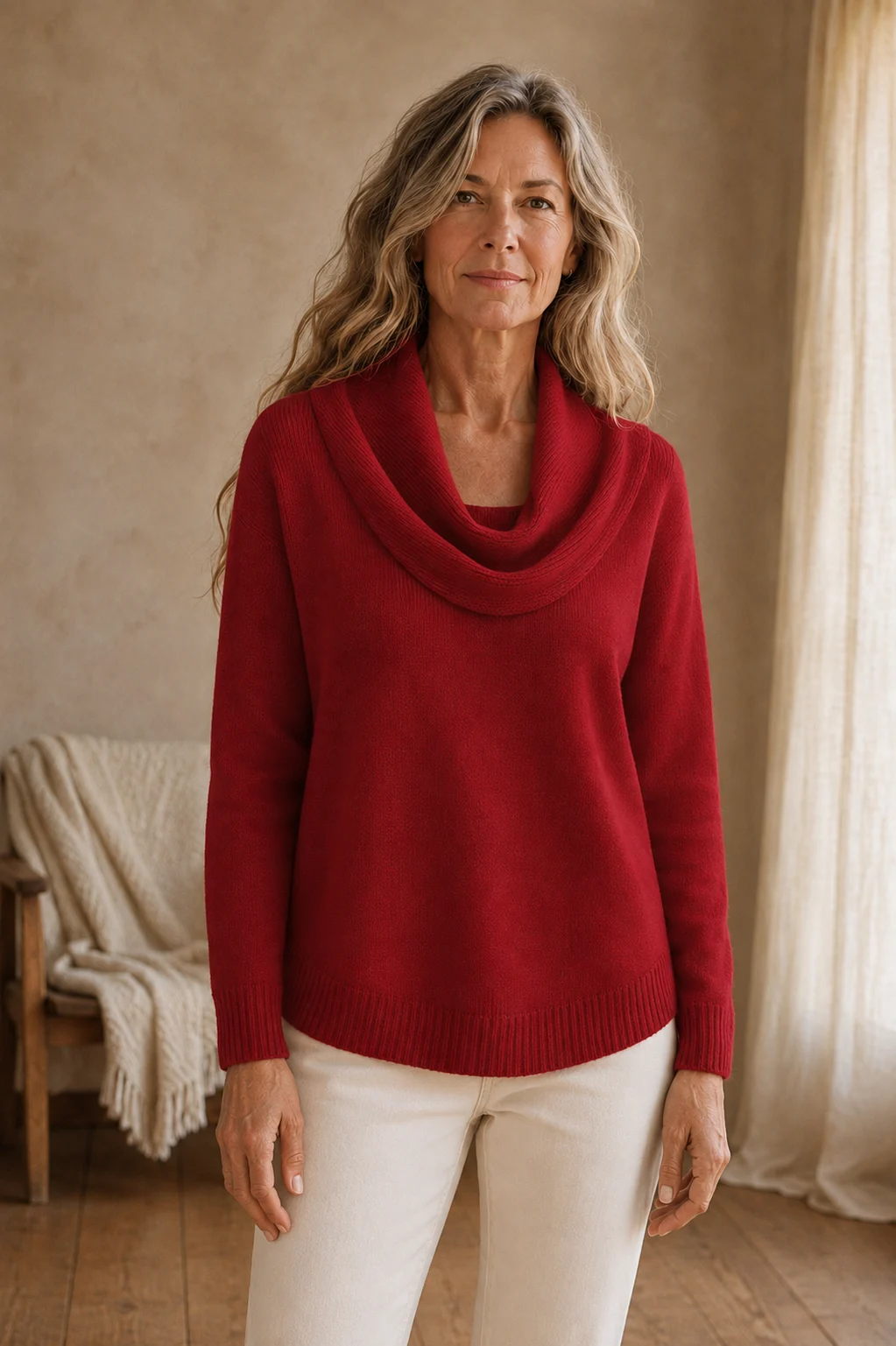 Dorine | Draped Collar Knit Sweater - Red front hero