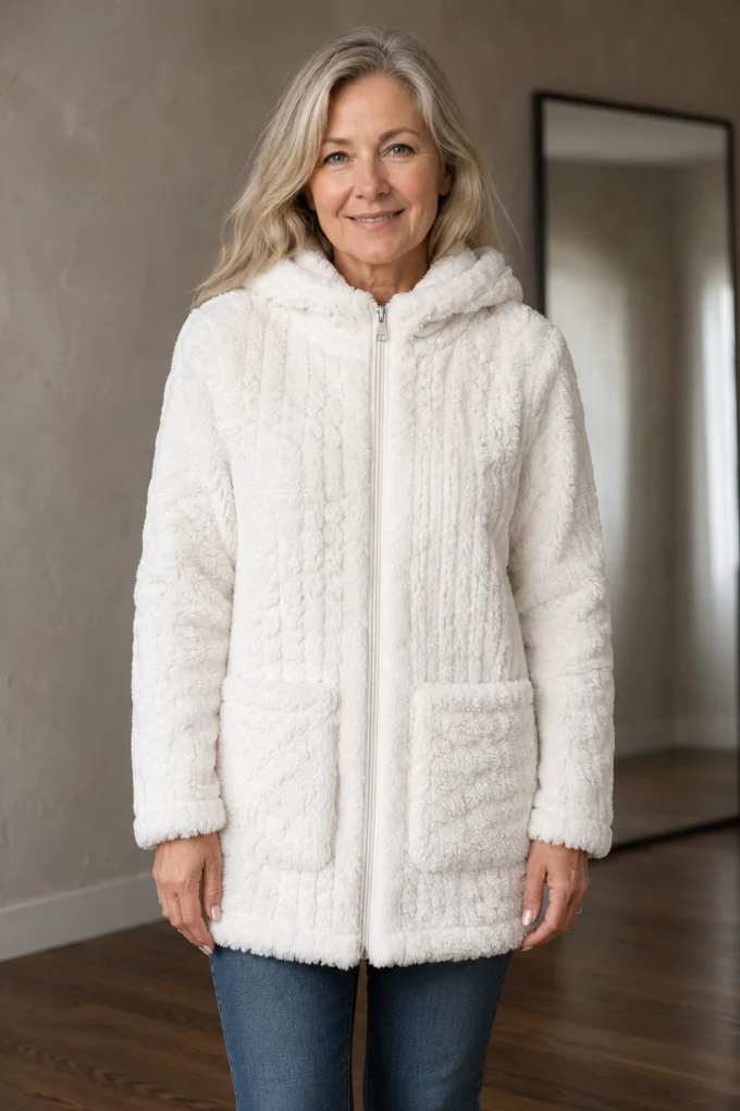 Doris longline plush zip-up hoodie closed