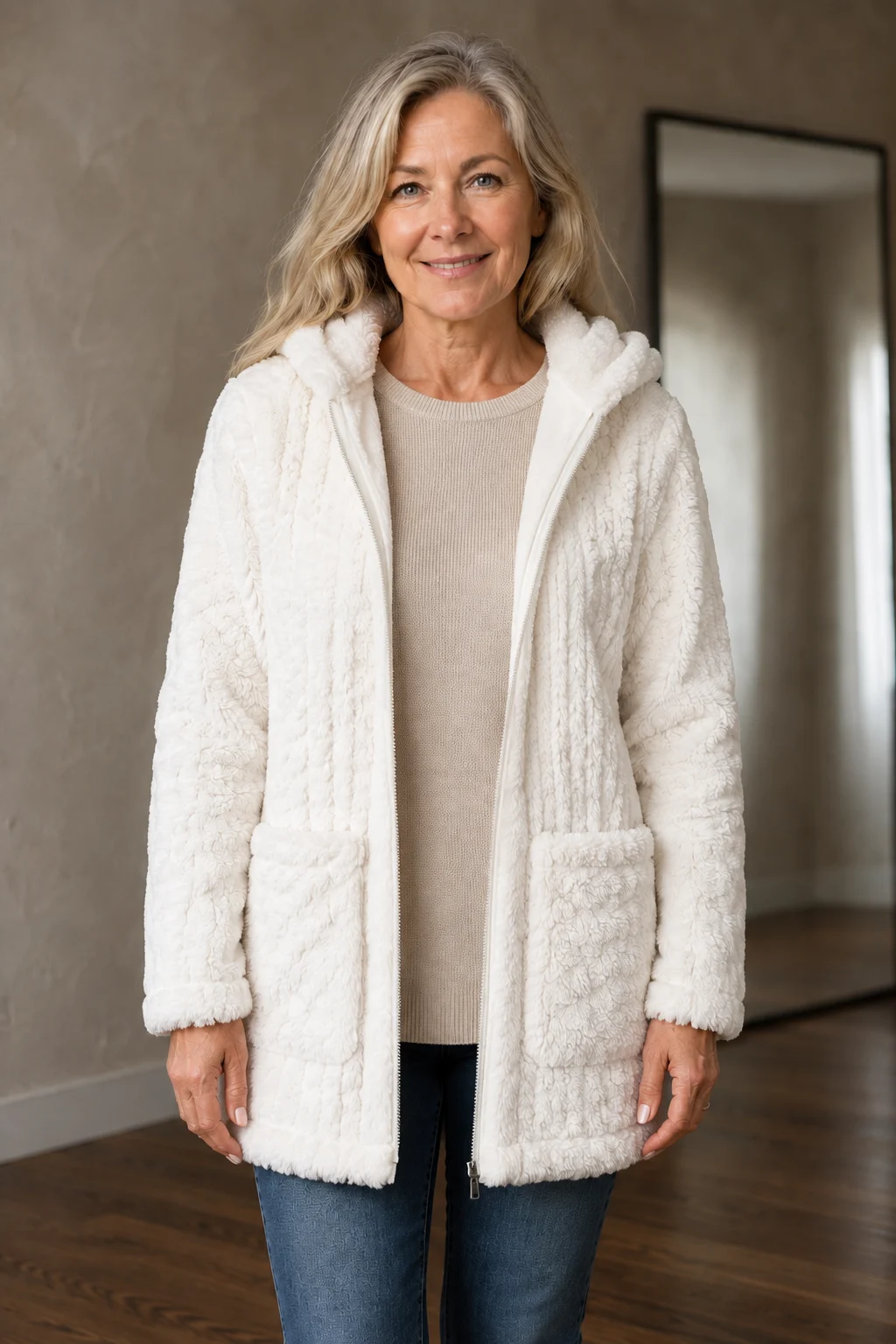 Doris longline plush zip-up hoodie open