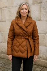 Down filled belted wrap coat closed