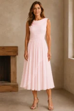Draped Neck Pleated Midi Dress - Pink