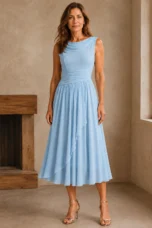 Draped Neck Pleated Midi Dress - Sky Blue