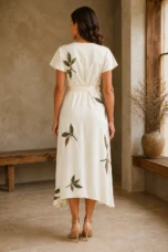 Leaf Print Tie Waist Wrap Dress - back view