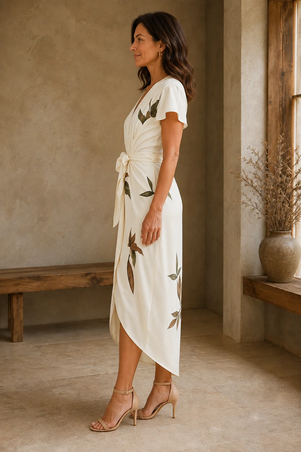 Leaf Print Tie Waist Wrap Dress - left side view
