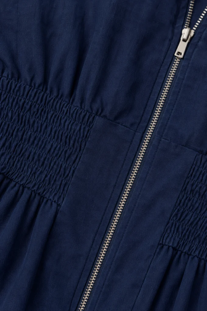 Zip Front Smocked Waist Midi Dress - fabric close-up