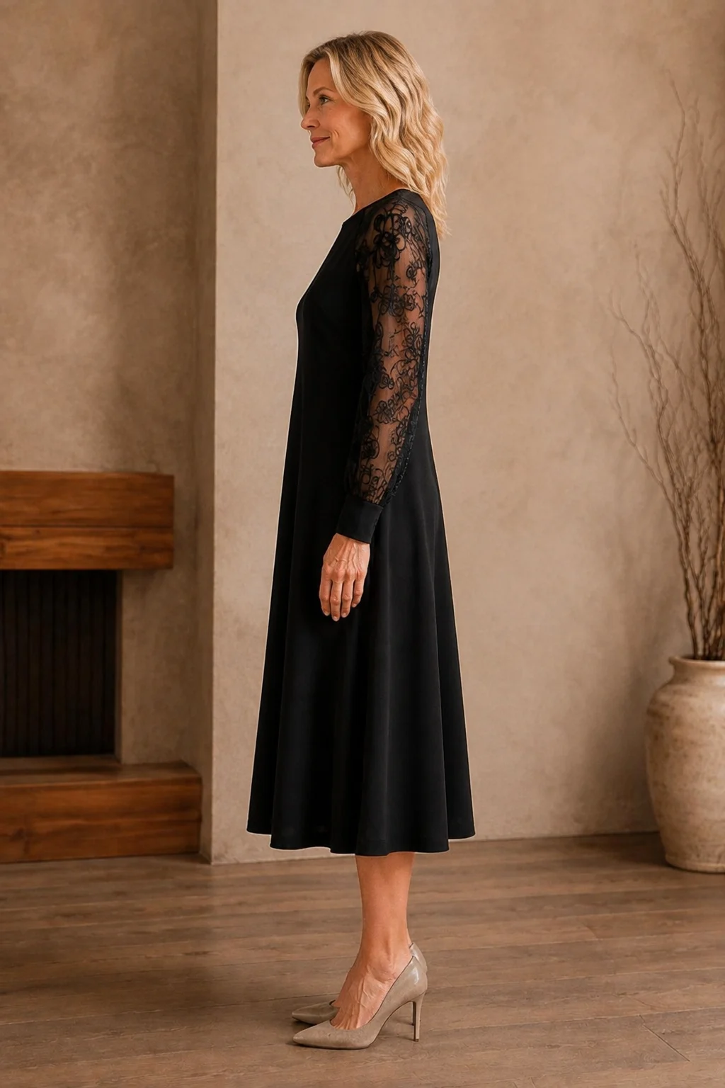 Lace Sleeve A-Line Dress - left side view