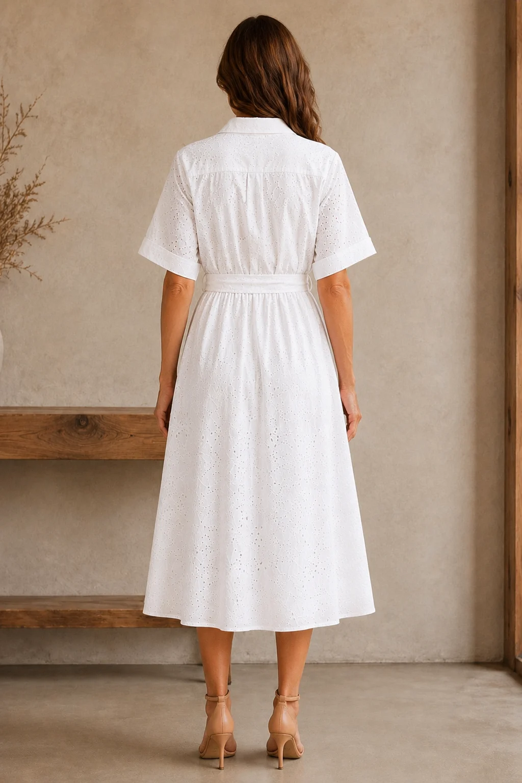 Button Front Waist Tie Midi Dress - back view
