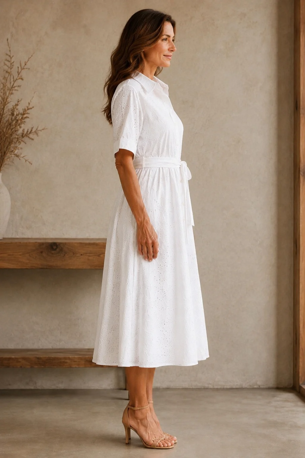 Button Front Waist Tie Midi Dress - left side view