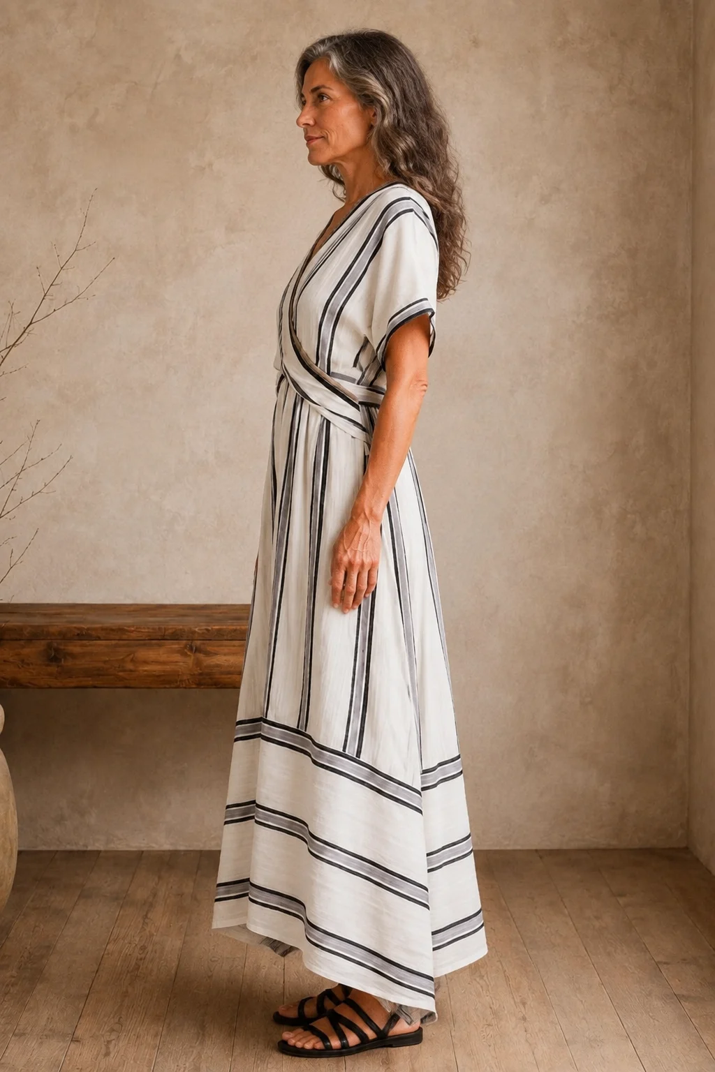 Border Print Kimono Sleeve Maxi Dress - left side view