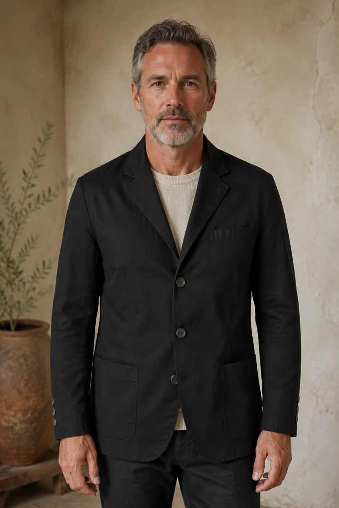 Black cotton three-button blazer hero, direct camera gaze