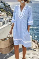 Olive | Striped Cotton Split Neck Dress