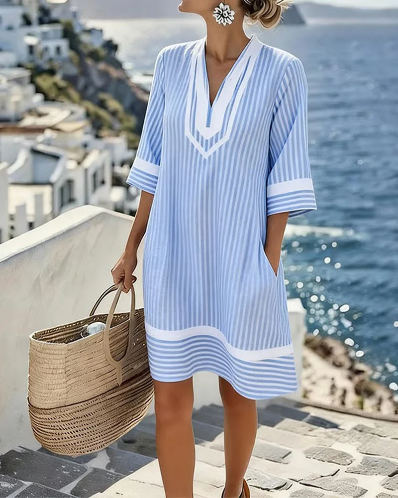 Olive | Striped Cotton Split Neck Dress