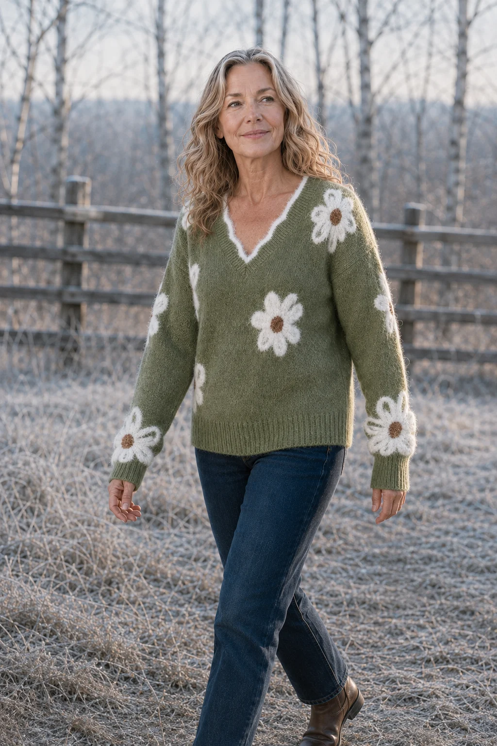 Edmonde Floral Print Knit Sweater in green, outdoor editorial view