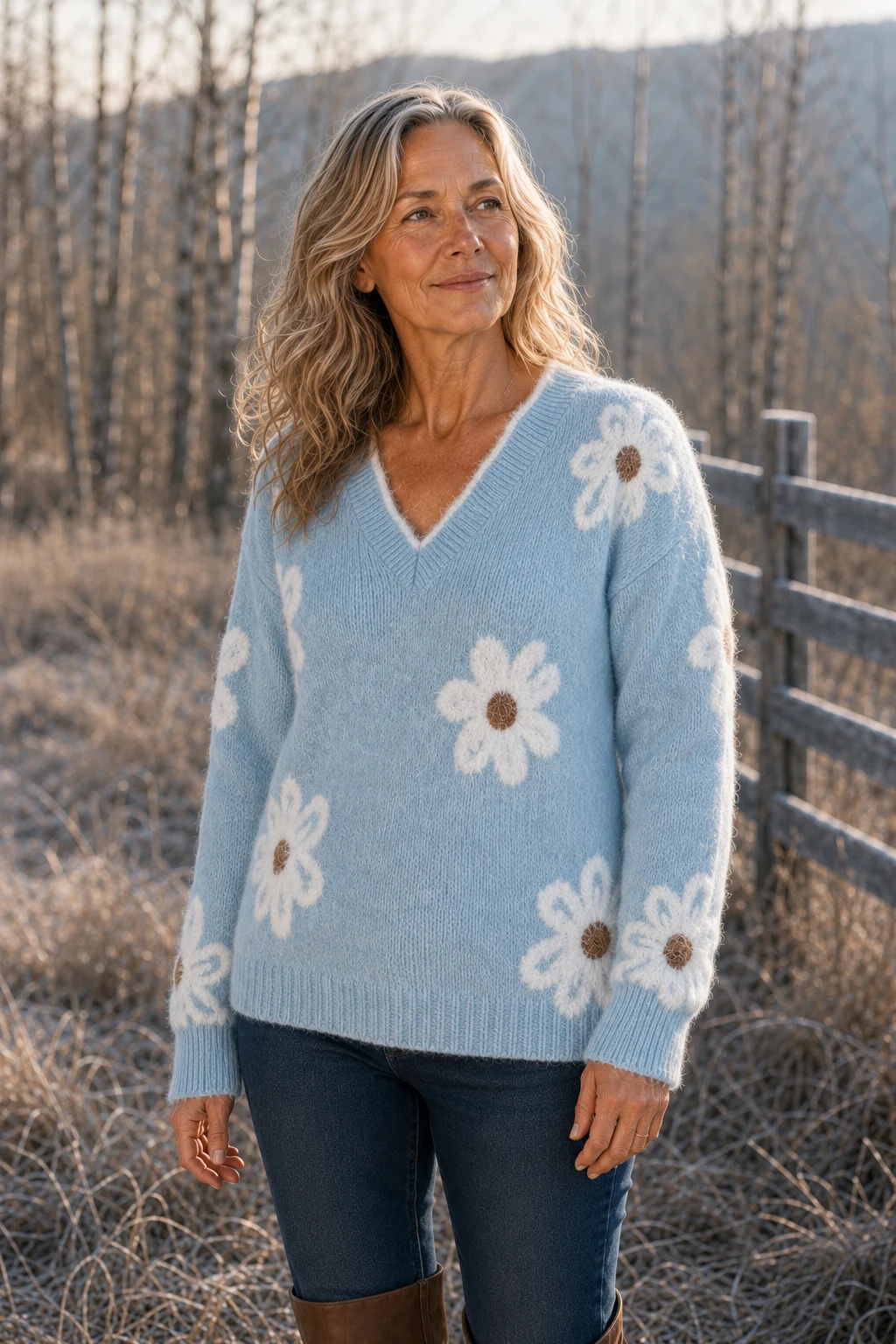 Edmonde Floral Print Knit Sweater in light blue, outdoor editorial view