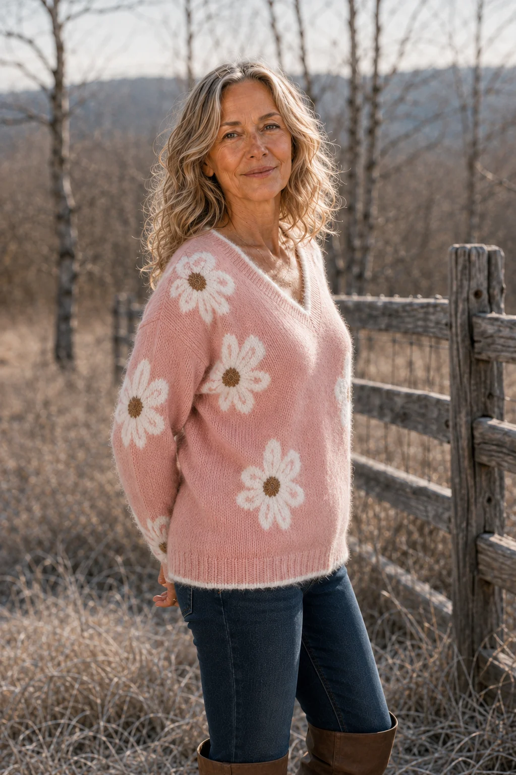 Edmonde Floral Print Knit Sweater in pink, three-quarter editorial view