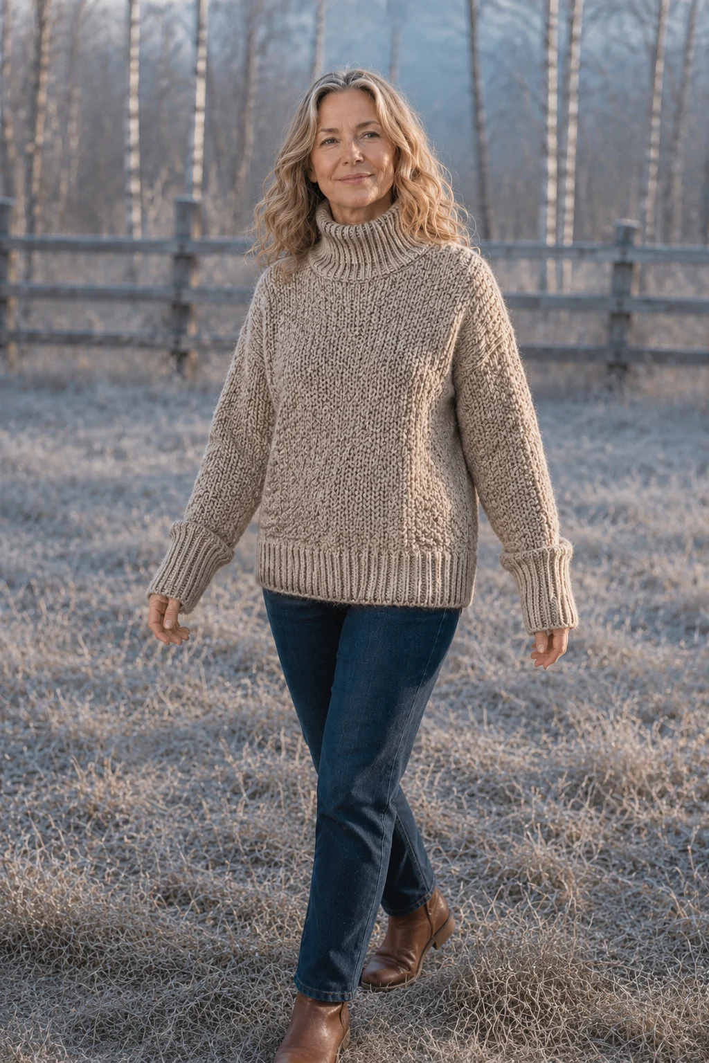 Edwidge Straight Cut High Neck Pullover in beige, outdoor editorial view