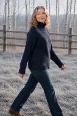 Edwidge Straight Cut High Neck Pullover in blue, outdoor editorial view