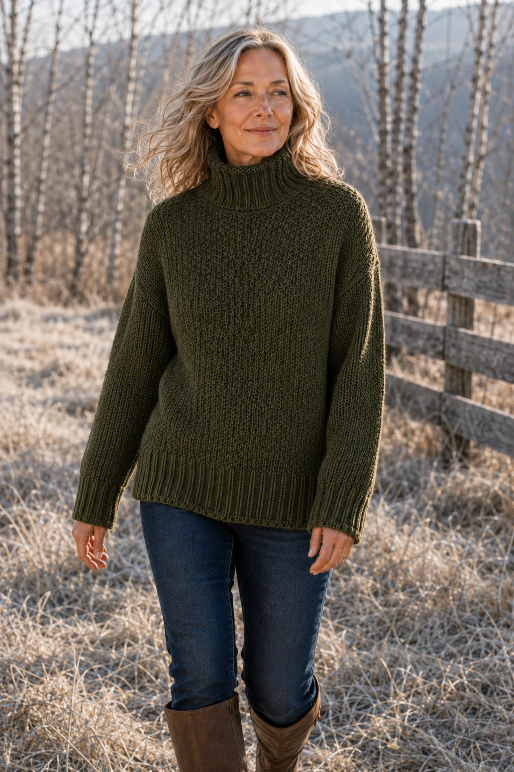 Edwidge Straight Cut High Neck Pullover in green, natural walking editorial view