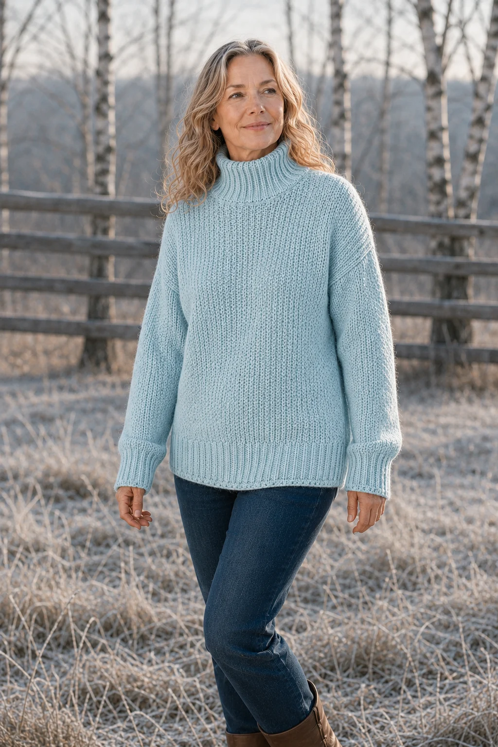 Edwidge Straight Cut High Neck Pullover in light blue, outdoor editorial view
