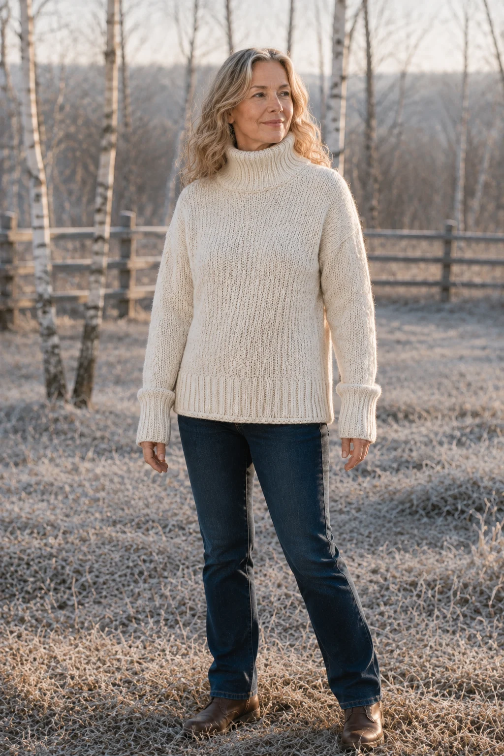 Edwidge Straight Cut High Neck Pullover in white, outdoor editorial view